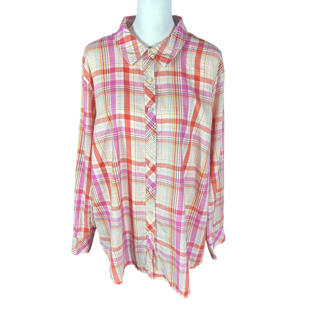 Talbots Button Down Women 3X Pink Orange Plaid Long Sleeve Cotton Rayon Shirt